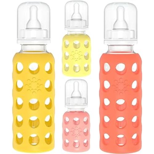 Lifefactory Glass Baby Bottles with Silicone Protection - 4-PACK, 4 oz/9 oz Bottles, (1- Banana, 1- Mango, 1- Cantaloupe & 1- Papaya)