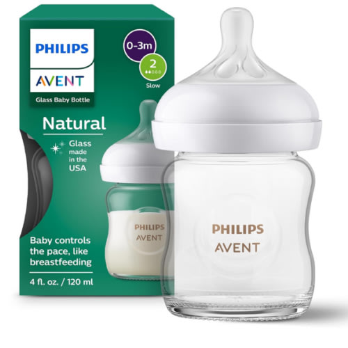 Philips Avent Natural Glass Baby Bottle with Natural Response Nipple (Slow Flow, Flow 2), 4oz, SCY910/01