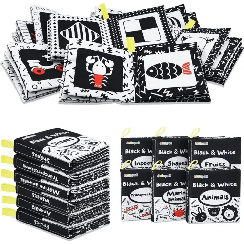 Dr.Rapeti Soft Cloth Books Baby Books Bath Books 6-Pack for Baby Infant Toddler Kids High Contrast Black and White Crinkle Washable Chewable Non-Toxic Early Educational Giftable