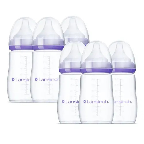 Lansinoh Anti-Colic Baby Bottles for Breastfeeding Babies, 8 Ounces, 6 Count, Includes 6 Medium Flow Nipples, Size M