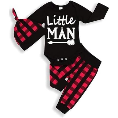 TUEMOS Newborn Infant Baby Boy Clothes Letter Print Romper Pants Set Hat 3PC Outfits Set