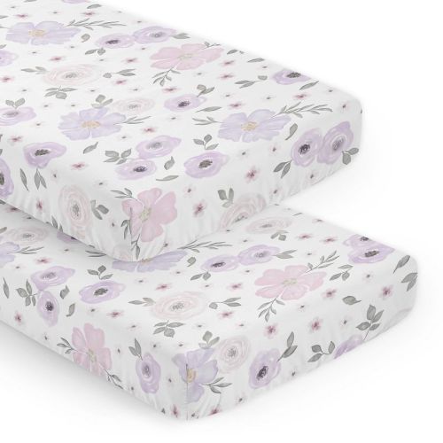 Sweet Jojo Designs Girl Fitted Crib Sheets Set Watercolor Floral Purple Pink And Grey 2pc