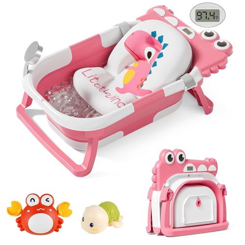 TPN Collapsible Baby Bathtub for Infants to Toddler with Real-time Temp Monitor+Floating Cushion,Foldable Baby Bath Tub Set Applicable 0-36 Month,Perfect Portable Travel Baby Tub for Newborns Boy