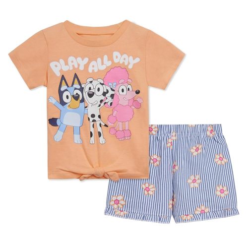 Bluey Girls T-Shirt and Chambray Shorts Outfit Set Toddler to Little Kid Sizes (2T - 7-8)