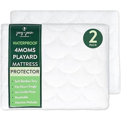 Joey + Joan Waterproof Pack and Play Mattress Pad Protector Cover – Compatible with 4moms Breeze Plus Playard, Baby Trend, Dream on Me, Pamo Babe – 2 Pack Quilted Bamboo Playard Sheets – 30" x 43"