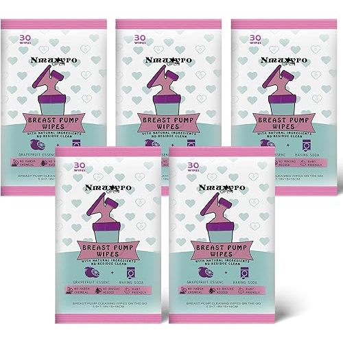 Breast Pump Wipes Quick Clean, Natural Pump Cleaning Wipes On The Go, Resealable Manual Pacifier Wipes Breastfeeding Supplies, 30 Count (Pack of 5)