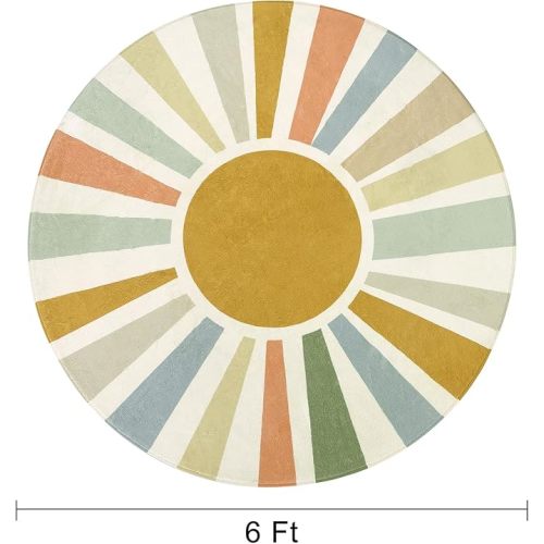 STARUIA Boho Sun Round Area Rug for Living Room, 6 Ft Washable Nursery Rug for Playroom, Colorful Circle Rug for Kids Bedroom, Non-Slip Circluar Carpet Soft Large Kids Rug for Classroom Dorm Kids Room