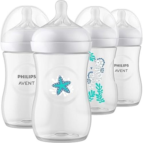 Philips Avent Natural Baby Bottle with Natural Response Nipple, with Sea Design, 9oz, 4pk, SCY903/68