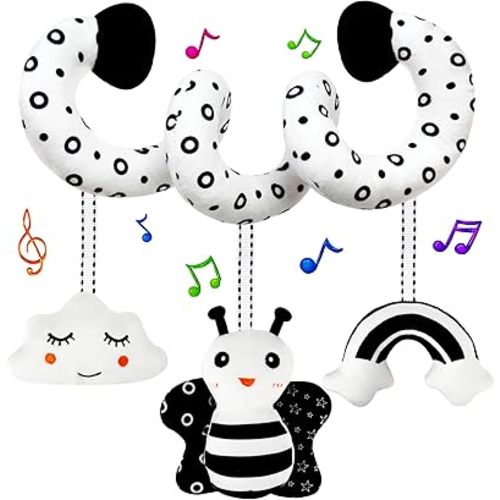 Car Seat Toys Stroller Spiral Hanging Stroller Black and White High Contrast Baby Toys for Newborn,Infant Plush Activity Sensory Toys for 0 2 4 6 8 10 12 Months Boys Girls(Bee)