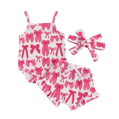 Liuckyxin Baby Girl Summer Outfits Floral Print Sleeveless Romper with Ruffled Shorts and Bow Headband 3 Pcs Clothes Set