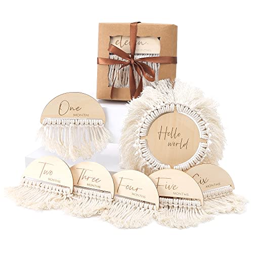 Boho Baby Monthly Milestone Cards | 7 Pcs Wooden Double Sided Discs from Newborn to 1 Year | Baby Gift Sets incl. Hello World Baby Birth Announcement Sign for Baby Shower & Photo Props