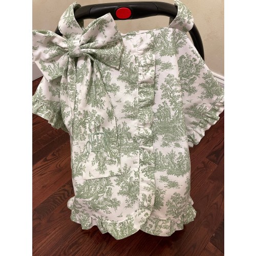 Light Blue, Pink, Green, Orchid Toile Car Seat Canopy with Large Bow and Ruffle, Monogrammed Car Seat Tent, Personalized Baby Shower Gift