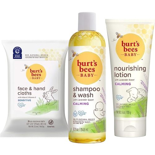 Burt's Bees Baby Gift Set for Baby Showers, Includes Baby Shampoo and Wash, Baby Body Lotion, Baby Wipes and Cloths, naturally-derived Origin Skincare, 1-Pack