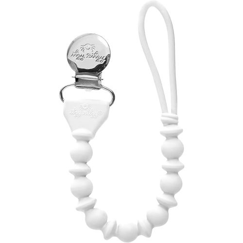 Itzy Ritzy Silicone Pacifier Clip; 100% Food Grade Silicone Pacifier Strap with Clip Keeps Pacifiers, Teethers & Small Toys in Place; Features One-Piece Design & Silicone Cord (White)