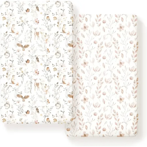 GRSSDER Stretch Ultra Soft Jersey Knit Fitted Crib Sheets Set 2 Pack，Fit All Standard Crib Mattress Pads Safe and Snug, Crib Fitted Sheet for Girls, Beautiful Blush Pink Floral and Cute Animals Print