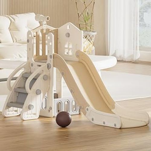 67i Toddler Slide Indoor Kid Slides for Toddlers 1-3 Outdoor Slide for Kids Plastic Baby Slide Playset L Shaped Freestanding Slides with Climber Basketball Hoop Telescope (Small-Beige Brown)