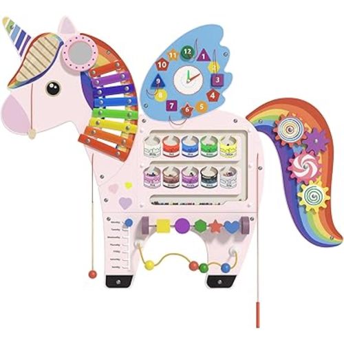 Unicorn Activity Wall Busy Board Panels - Sensory Wall Panel for Kids, Montessori Toddler Wall Activity Board, Wall Toys for Toddlers 3, Activity Cube, Perfect for Toddler Playroom, Pink