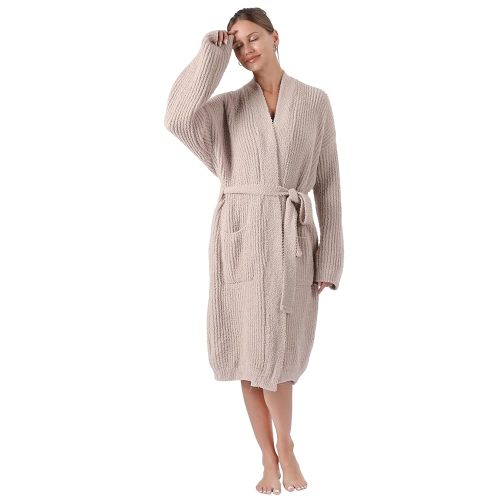 bearberry Cozy Robe Lightweight Soft Plush Robe Vertical Bar Hoodless Sleepwear Nightgown with Pockets for Women