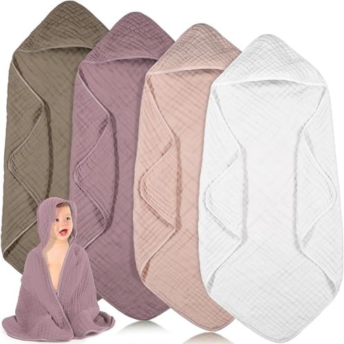 Peryiter 4 Pcs Muslin Hooded Baby Towels 32x32inch Cotton Newborn Bath Essentials Muslin Infant Blankets Absorbent Registry Baby Shower Present for Babies Girl Boy Kids (Coffee)