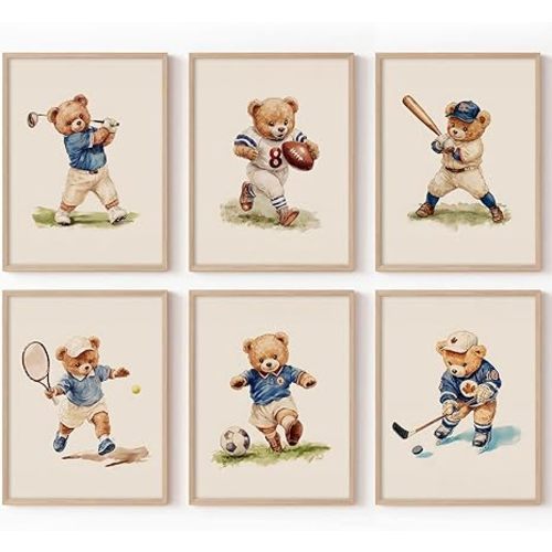 Nursery Bear Sports Wall Art Vintage Boy Room Canvas Wall Decor Baby Teddy Bear Pictures Boy Nursery Art Prints Kids Animal Poster Artwork for Toddler Bedroom Playroom 12x16 Inch Unframed 6Pcs