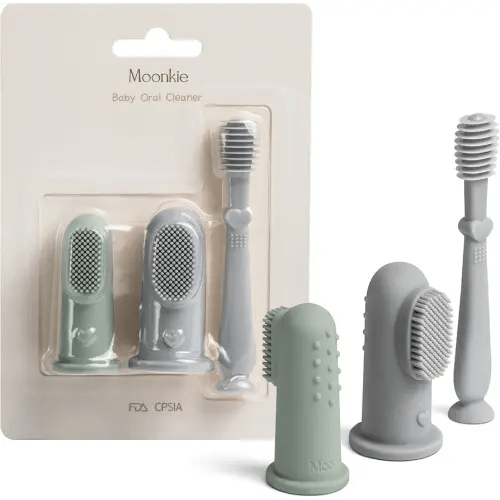 Moonkie Baby Finger Toothbrush Tongue Oral Cleaner Kit for 3 Months +, 3 Pcs (Blue/Mint/Blue)