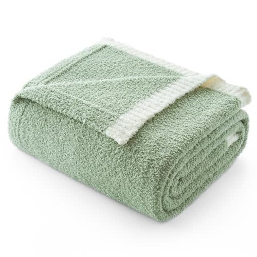 Snuggle Sac Ultra Soft Throw Blanket for Couch Bed Sofa 50x60 inches, Reversible Sage Green Blanket Microfiber Fluffy Fuzzy Cozy Knit Throws for Women Mothers Birthday Gifts