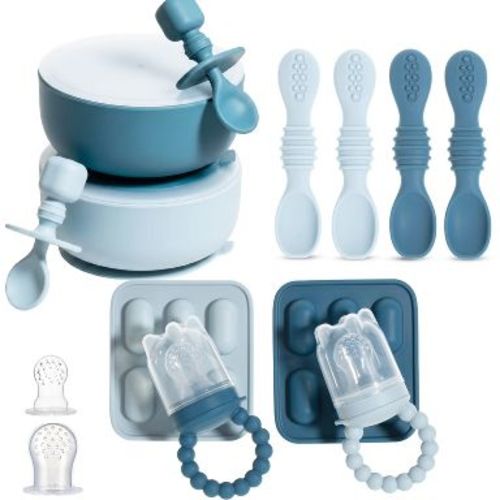 Silicone Baby Feeding Set, Baby Suction Bowls with Lids, 4-Pack Led Weaning Feeding Spoon , and Silicone Baby Fruit Feeders, Freezer & Dishwasher Safe