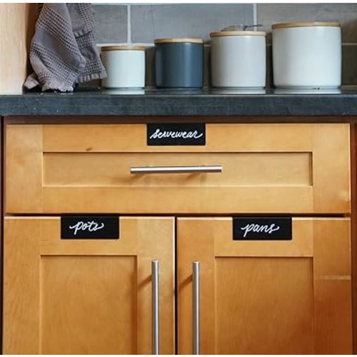 Clip-On Metal Cabinet and Drawer Labels – Reusable Chalkboard Labels for Kitchen, Bathroom, Dresser Drawers. Durable. Polished Edge. No Residue.