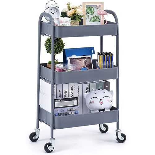 TOOLF 3 Tier Rolling Cart, Metal Utility Cart No Screw, Easy Assemble Utility Serving Cart, Sturdy Storage Trolley with Handles & Lockable Wheels for Kitchen Garage Home Bedroom Bathroom, Grey