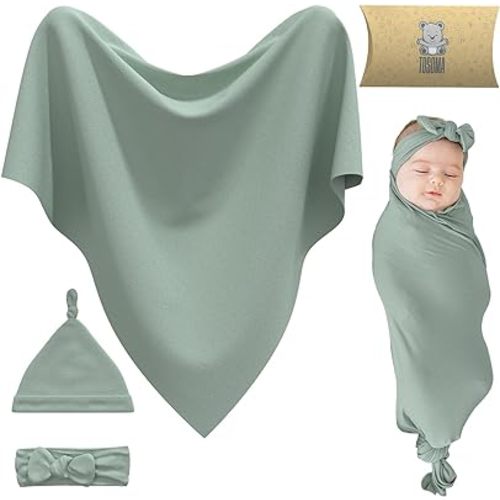 TOSOMA Baby Newborn Receiving Blanket with Matching Headband Bow and Beanie Set Soft and Cozy Baby Swaddle Nursery Hat