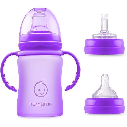 3-in-1 Glass Sippy Cups for Toddlers | Silicone Coated Glass Baby Bottles | Non-Toxic Transition Cup for Baby with Removeable Handles | Baby Straw Cup NB+,3M,6M,12M (Purple, 5 oz)