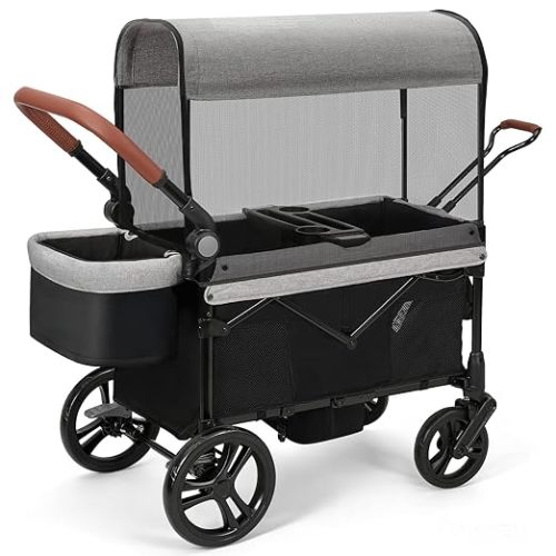 ELEMARA All-Terrain Stroller Wagon for 2 Kids, Foldable Kids Wagon Stroller Includes Removable Canopy,Mosquito net, Adjustable Push＆Pull Handle,Snack Tray & Cup Holders, Storage Basket, Grey+Black