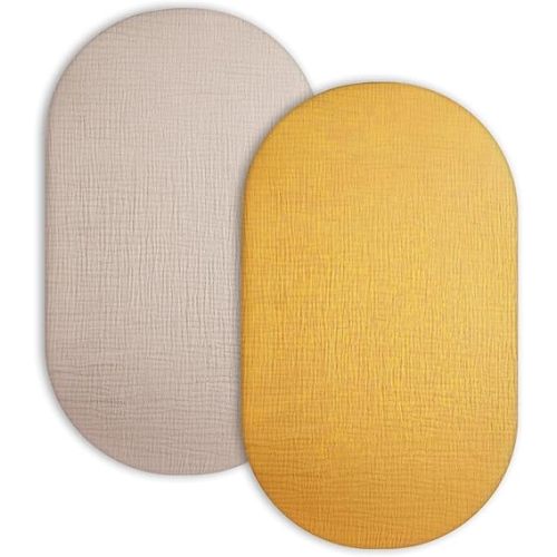 Bassinet Sheet for Baby Boy and Girl 2 Pack, Fitted Sheets for Rectangle, Oval, Hourglass Bassinet Mattress, Muslin Moses Basket Sheets with Neutral Style(Beige & Mustard Yellow)