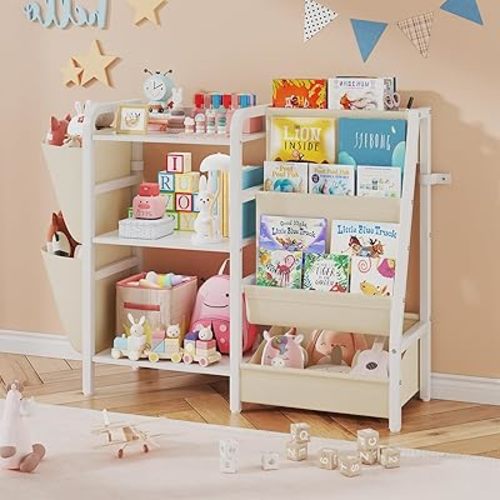 B3 Kids Bookshelf and Toy Storage, Book Shelf for Kids Rooms, Toddler Bookshelf for Small Spaces, 3-Tier Sling Montessori Baby Bookcase for Nursery, Bedroom, Playroom, White