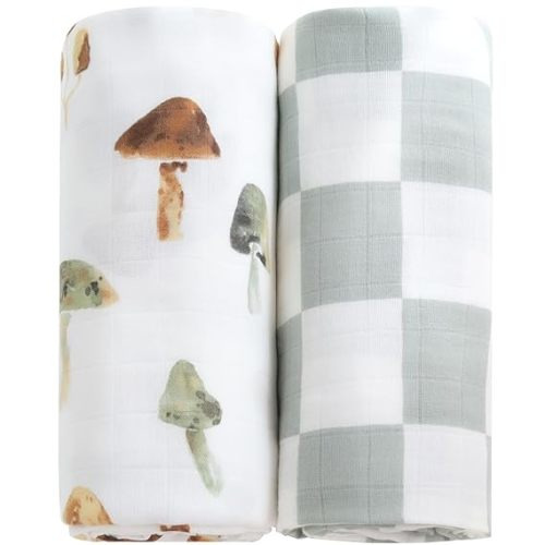 LifeTree Muslin Swaddle Blankets, Baby Swaddling Blanket for Boys Girls, Super Soft 70% Viscose from Bamboo and 30% Cotton, Large 47" x 47", Checkered & Mushroom, Newborn Baby Registry