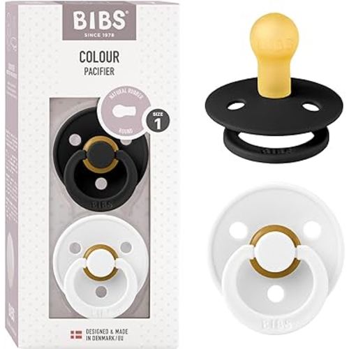 BIBS Pacifiers Colour Collection | Natural Rubber Baby Pacifier | Set of 2 BPA-Free Soothers | Made in Denmark | 0+ Months (Pack of 2) | Black/White