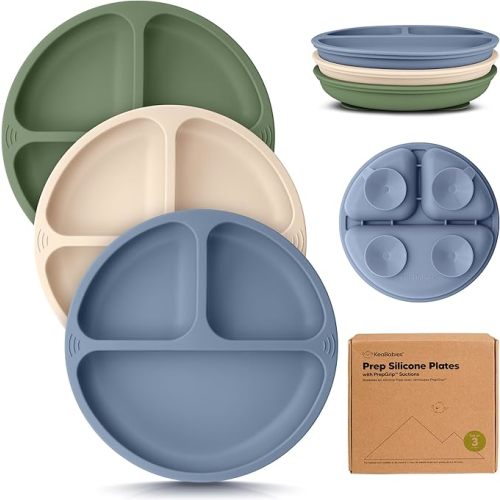 KeaBabies Suction Plates for Baby, Toddler - 3-Pack 100% Silicone Toddler Plates with Suction, Divided, BPA-Free Baby Led Weaning Essentials for Kids, Dishwasher, Microwave Safe, Durable (Slate)
