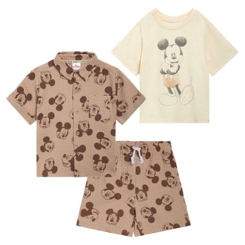 Disney Mickey Mouse Infant Baby Boys Cotton Gauze Button Down Shirt, T-shirt And Shorts 3 Piece Outfit Set Light Brown / Off White 18 Months
