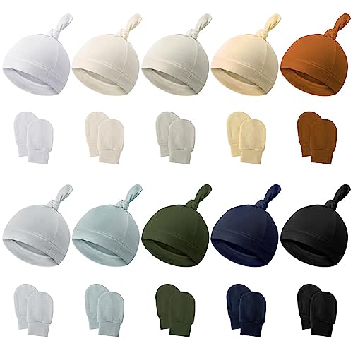 Hercicy 10 Set Newborn Baby Mitten and Hat Set Knot Newborn Beanie with Baby Mittens Cap for Hospital Infant Boy Girls Unisex Preemie Toddler 0-6 Months