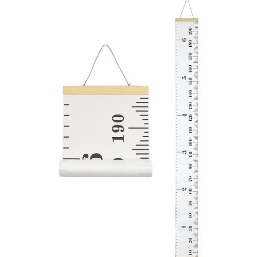 Kids Growth Chart, Wood Frame Fabric Canvas Height Measurement Ruler from Baby to Adult for Child's Room Decoration 7.9 x 79in (7.9 x 79in, White & Black)
