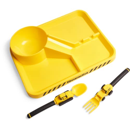 Dinneractive Dining Set for Kids - 3 Piece Construction Themed Toddler Utensils & Toddler Plates - Toddler Forks and Spoons - Kid Plate Set