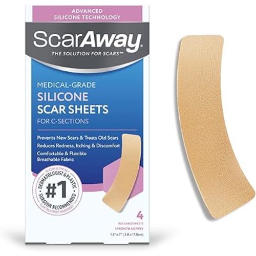ScarAway Advanced Silicone Scar Sheets for C-Section, Reusable Strips (1.5” x 7”) for Hypertrophic and Keloid Scars from C-Section & Other Surgeries, 4 Sheets