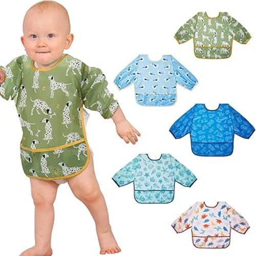Lictin Long Sleeve Bibs 5 Pack - Baby Bibs, Waterproof Toddler Bibs, Baby Smock for Eating, Baby Bibs for Feeding Teething