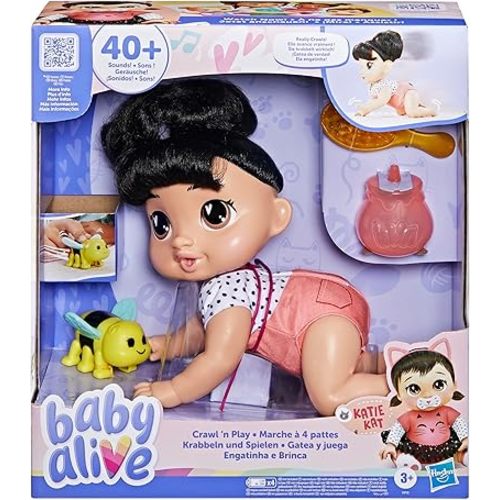 Baby Alive Crawl 'n Play Katie Kat Electronic Crawling Baby Doll Set, Black Hair, Kids Toys for Girls & Boys 3 Years & Up, 10.75 Inches