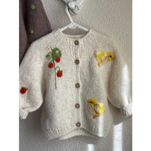 Hand-Knitted Merino Wool Baby Cardigan with Embroidered hens, chicks, and delicate berries, cozy sweater, merino wool sweater