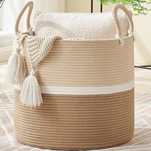 KAKAMAY Large Blanket Basket (18"x18"x16"),Woven Baby Laundry Hamper for Storage, Cotton Rope Blankets Baskets for Nursery, Laundry, Living Room, Pillows, Baby Toy chest with Handles (Light Brown)