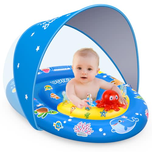 EZIGO Baby Pool Float with Canopy UPF50+, Infant Swim Float for Boys Girls | Dark Blue Baby Float Features Adjustable Safety Seat & Ocean Toys, Durable, Safe Inflatable Swim Float for Ages 6–36 Months