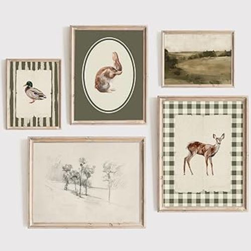 Vintage Nursery Wall Art Kids Canvas Poster Baby Boy Room Wall Decor Green Rabbit Wall Art Bunny Bird Prints Deer Picture Farmhouse Painting Nursery Artwork for Bedroom 8x10 Inch Unframed Set of 5