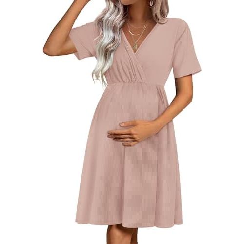 Ekouaer Maternity Nursing Dress V Neck Short Sleeve Breastfeeding Dresses Ribbed Knit Pregnancy Clothes S-XXL
