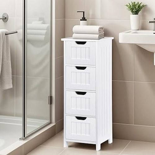 Bathroom Floor Storage Cabinet, Freestanding Wooden Side Organizer w/4 Drawers & Anti-Tip Kit for Bathroom Living Room Hallway Office Study, White